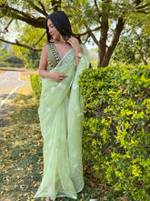 Enchanting Embroidery Work On  Green Pure Organza Saree